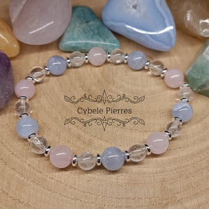 Bracelet Douceur et apaisement - Quartz rose, Cristal de roche et Calcédoine bleue (6 et 8mm) - 19cm - Cybele Pierres