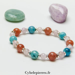 Bracelet Douceur et Harmonie - Kunzite, Hémimorphite et Pierre de Soleil (6 et 8mm) - 18cm | Sérénité et Épanouissement - Cybele Pierres