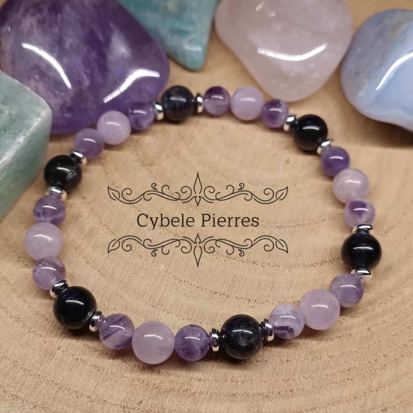 Bracelet Douceur printanier - Iolite, Kunzite et Améthyste (6 et 8mm) - 20cm - Cybele Pierres