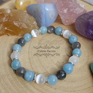 Bracelet "Doux Nuage" - Labradorite, Sélénite et Aigue - marine (8mm) - 18cm - Cybele Pierres
