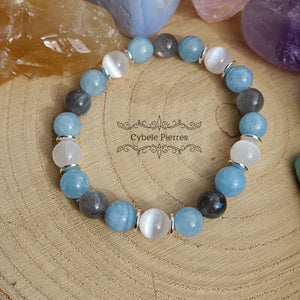 Bracelet "Doux Nuage" - Labradorite, Sélénite et Aigue - marine (8mm) - 18cm - Cybele Pierres