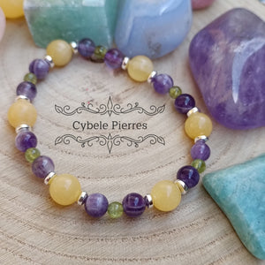 Bracelet Eclat de rire - Péridot, Améthyste et Calcite orange (3mm, 6mm et 8mm) - 17cm - Cybele Pierres