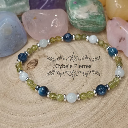 Bracelet Eclosion des projets : Aigue - marine, Cyanite et Péridot (3mm et 6mm) - 19cm - Cybele Pierres