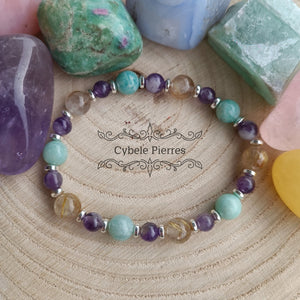 Bracelet "En route vers le succès" - Quartz rutile, Amazonite et Améthyste (6 et 8mm) - 18cm - Cybele Pierres
