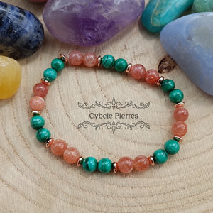 Bracelet Energie et Emotions - Malachite et Pierre de Soleil (6mm) - 17cm - Cybele Pierres