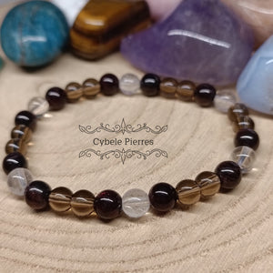 Bracelet Equilibre et énergie - Grenat, Quartz fumé et Cristal de roche (6mm) - 18cm - Cybele Pierres