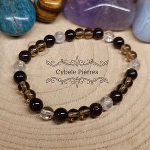Bracelet Equilibre et énergie - Grenat, Quartz fumé et Cristal de roche (6mm) - 18cm - Cybele Pierres
