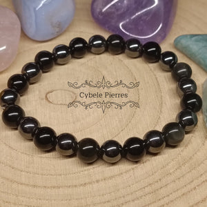 Bracelet Équilibre Silencieux - Hématite, Tourmaline et Obsidienne oeil celeste (8mm) - 20cm - Cybele Pierres