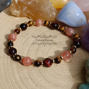Bracelet Estime et protection - Oeil de taureau, Pierre de Soleil et Oeil de tigre (6 et 8mm) - 19cm - Cybele Pierres