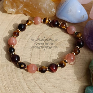 Bracelet Estime et protection - Oeil de taureau, Pierre de Soleil et Oeil de tigre (6 et 8mm) - 19cm - Cybele Pierres