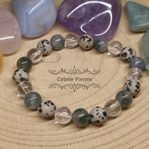 Bracelet Évasion Intérieure - Jaspe Dalmatien, Cristal de roche et Agate Mousse (8mm) - 17cm - Cybele Pierres