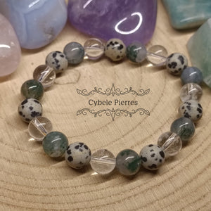 Bracelet Évasion Intérieure - Jaspe Dalmatien, Cristal de roche et Agate Mousse (8mm) - 17cm - Cybele Pierres