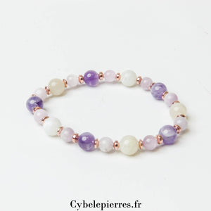 Bracelet Éveil du Cœur - Kunzite, Améthyste et Pierre de Lune Blanche (6 et 8mm) - 19cm | Harmonie et Douceur - Cybele Pierres
