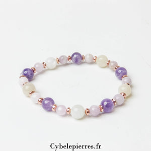 Bracelet Éveil du Cœur - Kunzite, Améthyste et Pierre de Lune Blanche (6 et 8mm) - 19cm | Harmonie et Douceur - Cybele Pierres