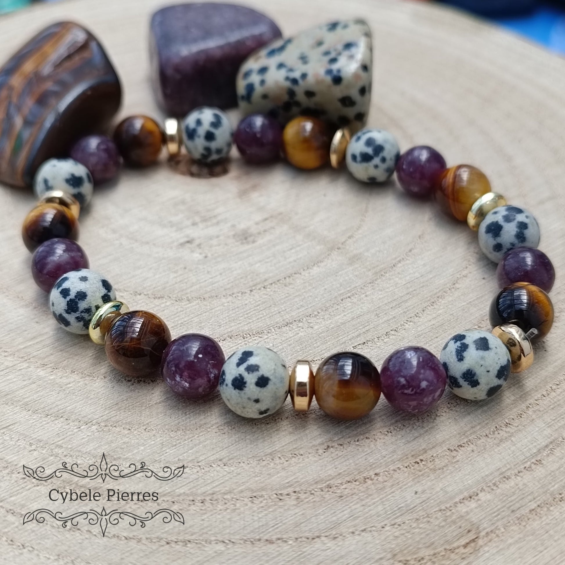 Bracelet Fierté - Jaspe Dalmatien, Lépidolite et Oeil de tigre (8mm et 7mm) - 19cm - Cybele Pierres