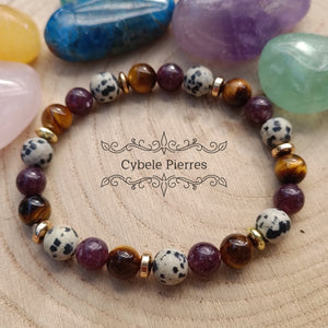 Bracelet Fierté - Jaspe Dalmatien, Lépidolite et Oeil de tigre (8mm et 7mm) - 19cm - Cybele Pierres
