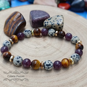 Bracelet Fierté - Jaspe Dalmatien, Lépidolite et Oeil de tigre (8mm et 7mm) - 19cm - Cybele Pierres