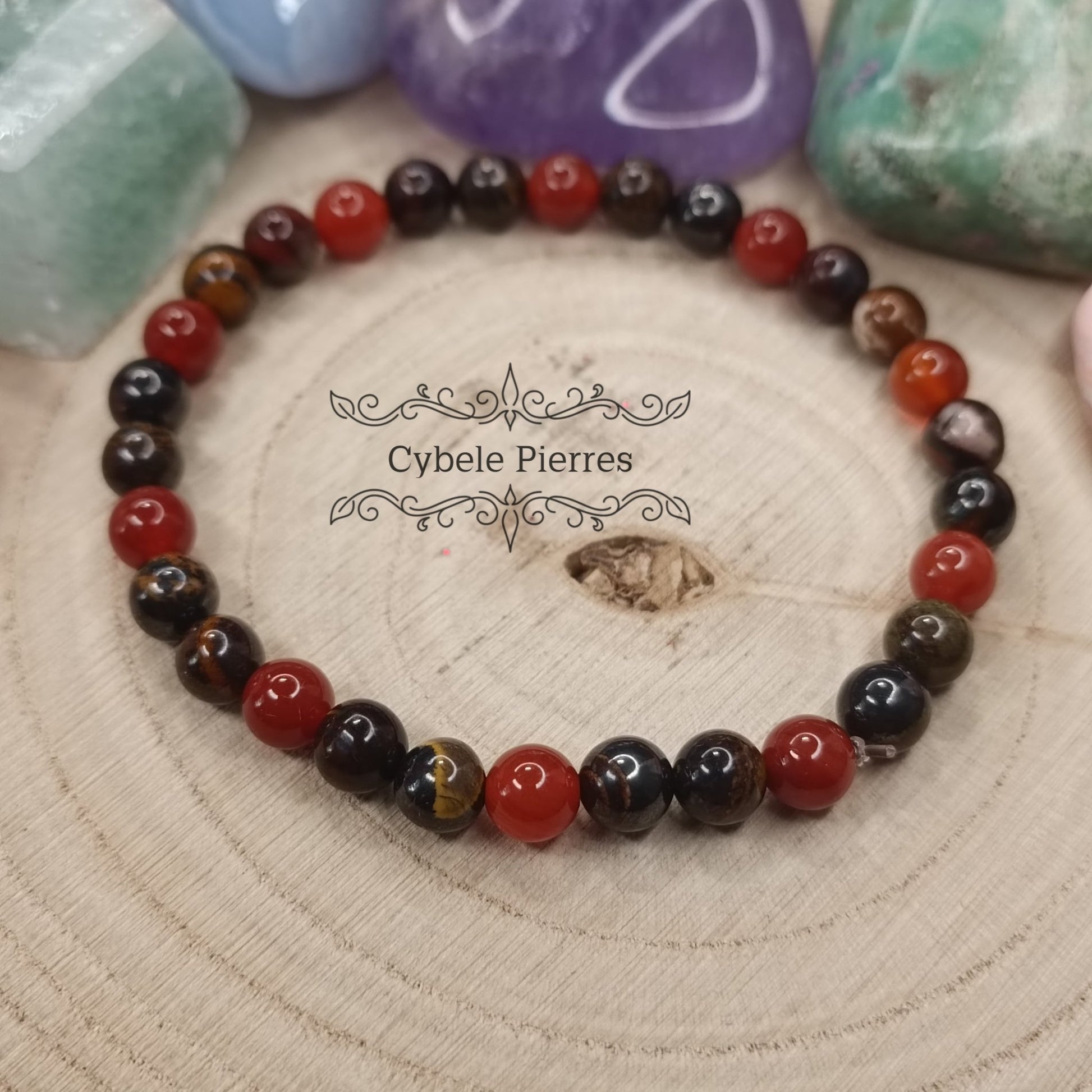 Bracelet Flamme de la passion - Cornaline et Oeil de fer (6mm) - 19cm - Cybele Pierres