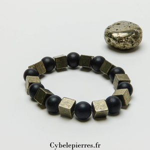 Bracelet Force - Pyrite carrée et Onyx mat (10mm) - 18cm | Protection et Résilience - Cybele Pierres