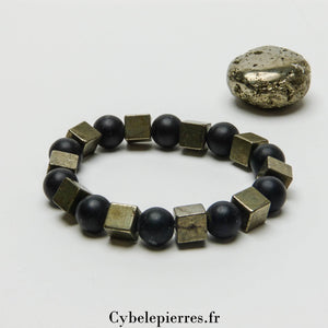 Bracelet Force - Pyrite carrée et Onyx mat (10mm) - 18cm | Protection et Résilience - Cybele Pierres