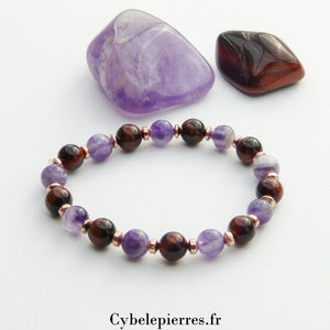Bracelet Geb - Œil de Taureau et Améthyste (8mm) - 18cm | Protection et Équilibre - Cybele Pierres