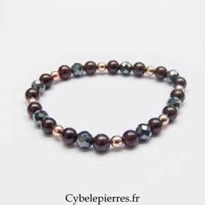 Bracelet Grenat & Hématite Facettée (6 mm) – 18 cm | Force & Présence - Cybele Pierres