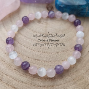 Bracelet Guerrière - Sélénite, Quartz rose et Améthyste (6mm) - 18cm - Cybele Pierres