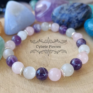 Bracelet Harmonie paisible - Quartz rose, Améthyste et Pierre de Lune blanche (8mm) - 18cm - Cybele Pierres