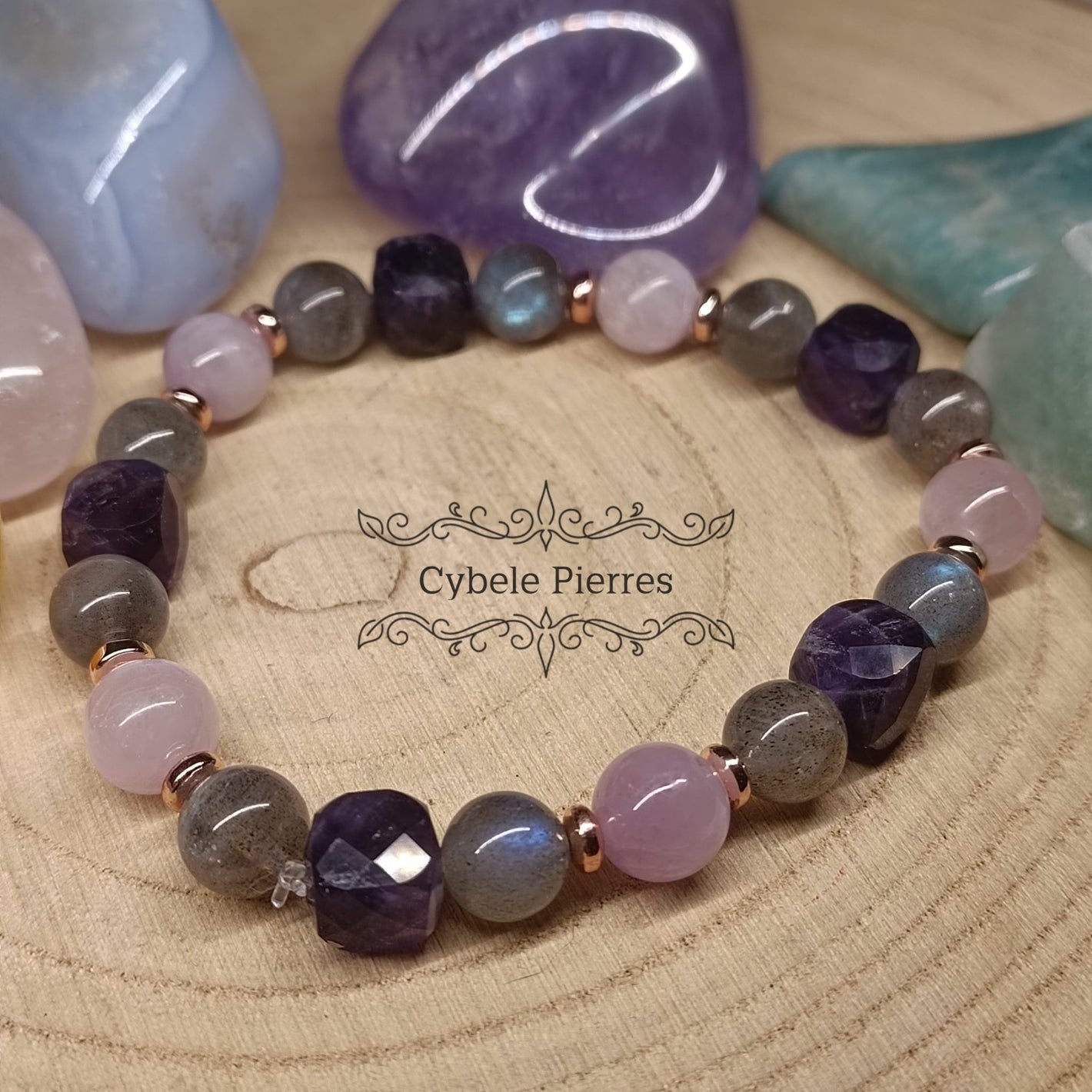 Bracelet Hécate - Labradorite , Kunzite et Améthyste carrée facettée (7 et 8mm) - 19cm - Cybele Pierres