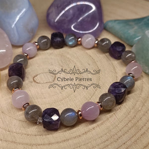 Bracelet Hécate - Labradorite , Kunzite et Améthyste carrée facettée (7 et 8mm) - 19cm - Cybele Pierres