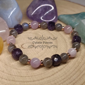 Bracelet Hécate - Labradorite , Kunzite et Améthyste carrée facettée (7 et 8mm) - 19cm - Cybele Pierres