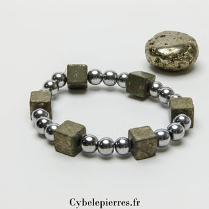Bracelet Hématite teintée et Pyrite carré (8 et 10mm) - 18cm | Force et Protection - Cybele Pierres
