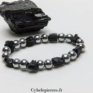 Bracelet Hématite teintée et Tourmaline brute (8mm) - 17cm | Protection et Ancrage - Cybele Pierres