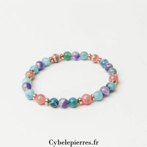 Bracelet Horizon Intérieur – Apatite Bleue, Rhodochrosite et Améthyste (6mm) – 18cm | Expression et Harmonie - Cybele Pierres