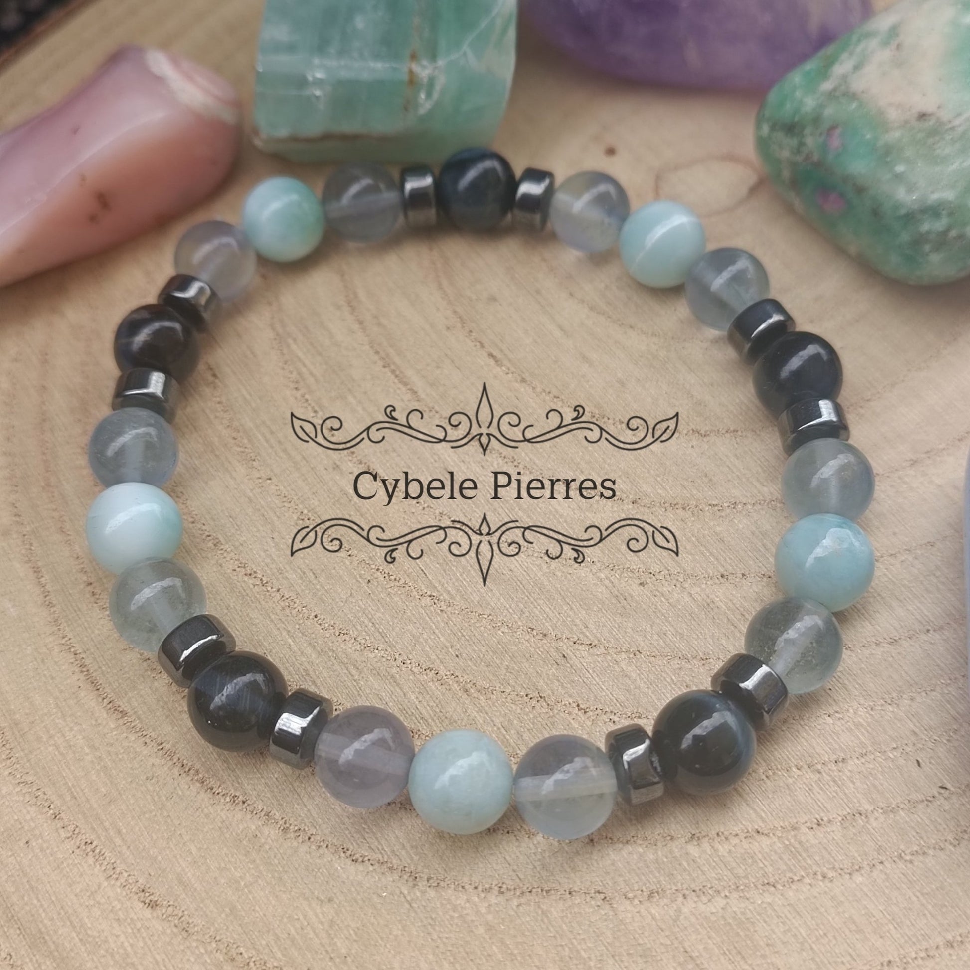 Bracelet Horizon - Larimar, Oeil de faucon et Fluorine bleue (8mm) - 19cm - Cybele Pierres