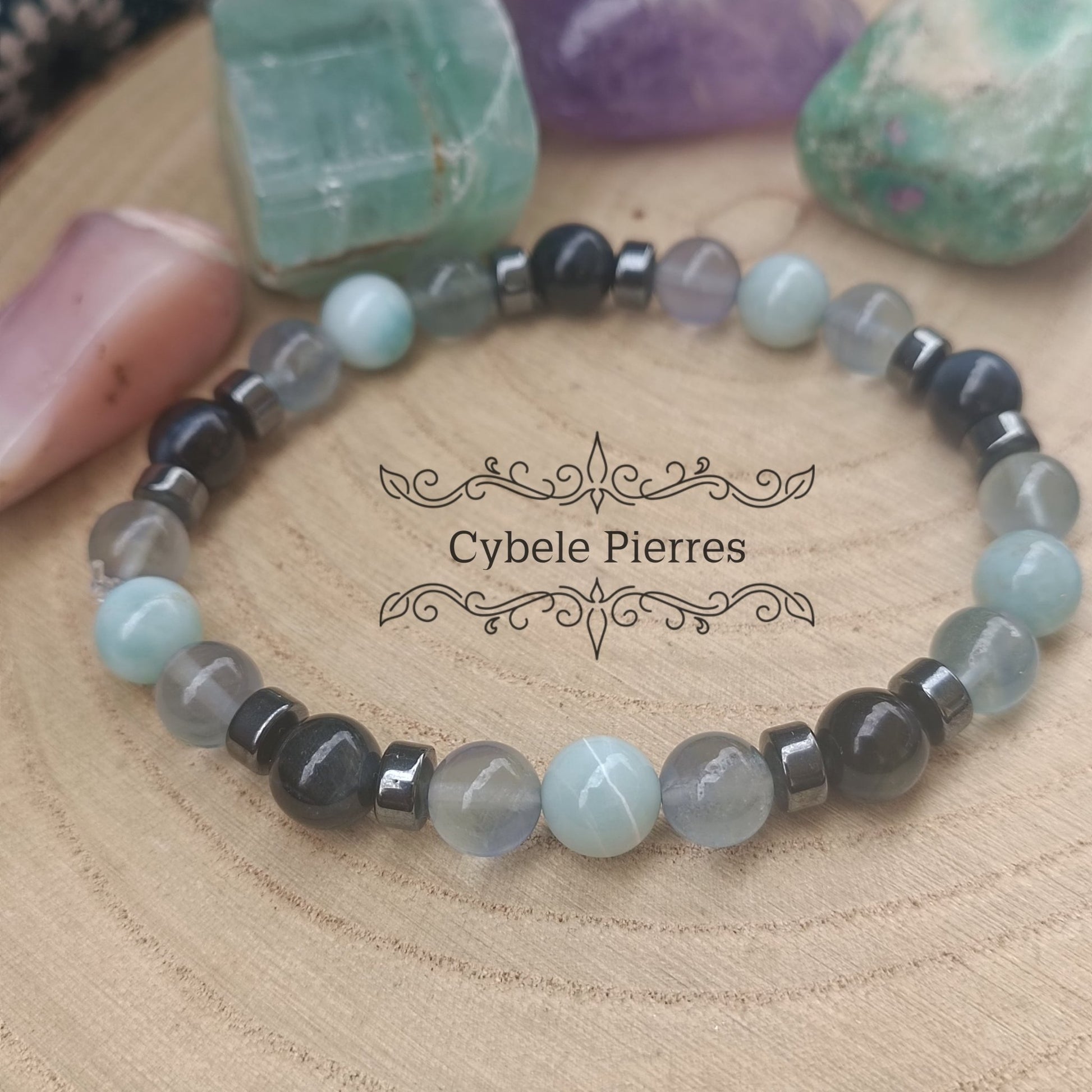 Bracelet Horizon - Larimar, Oeil de faucon et Fluorine bleue (8mm) - 19cm - Cybele Pierres