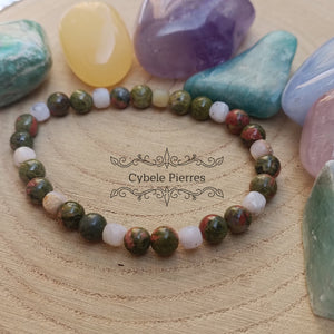 Bracelet Idylle - Opale rose carré facettée et Unakite (6mm) - 17cm - Cybele Pierres