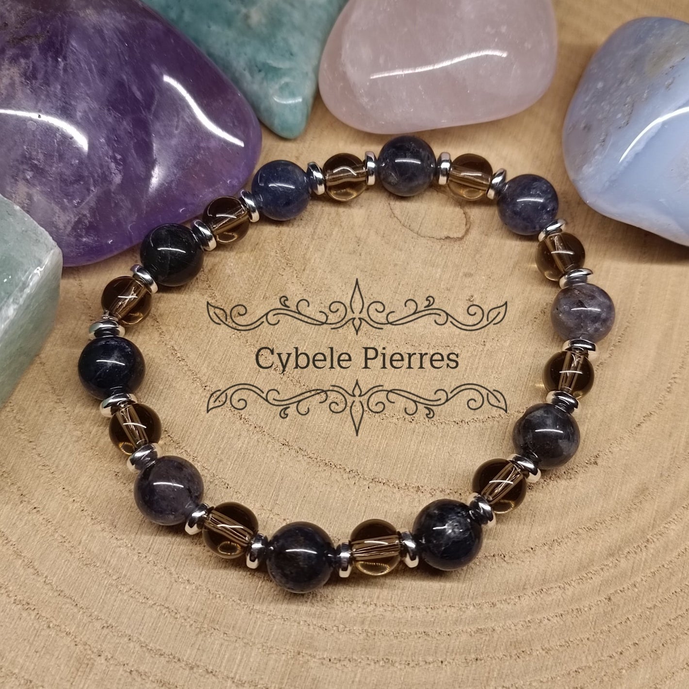 Bracelet Incantation - Iolite (Cordiérite) et Quartz fumé (6 et 8mm) - 18cm - Cybele Pierres