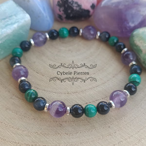 Bracelet Influence - Oeil de faucon, Améthyste et Malachite (6 et 8mm) - 18cm - Cybele Pierres