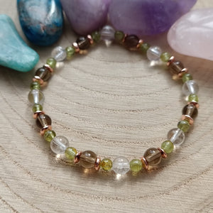 Bracelet Intense réflexion : Péridot, Cristal de roche et Quartz fumé (4 et 6mm) - 19cm - Cybele Pierres