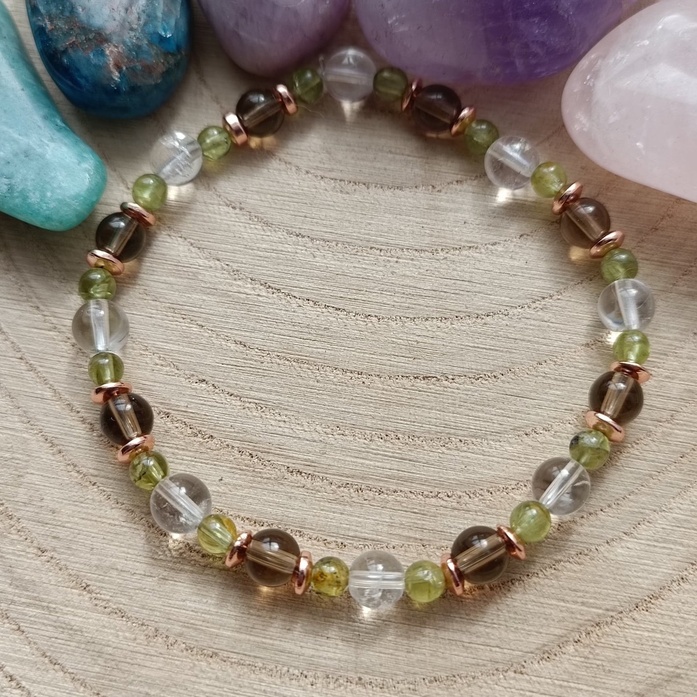 Bracelet Intense réflexion : Péridot, Cristal de roche et Quartz fumé (4 et 6mm) - 19cm - Cybele Pierres