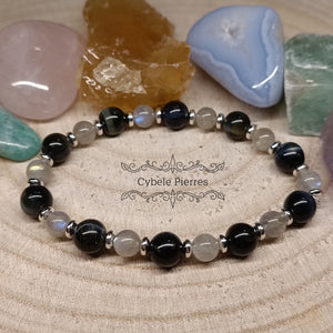 Bracelet Intuition et protection - Labradorite, oeil de faucon (6 et 8mm) - 18cm - Cybele Pierres