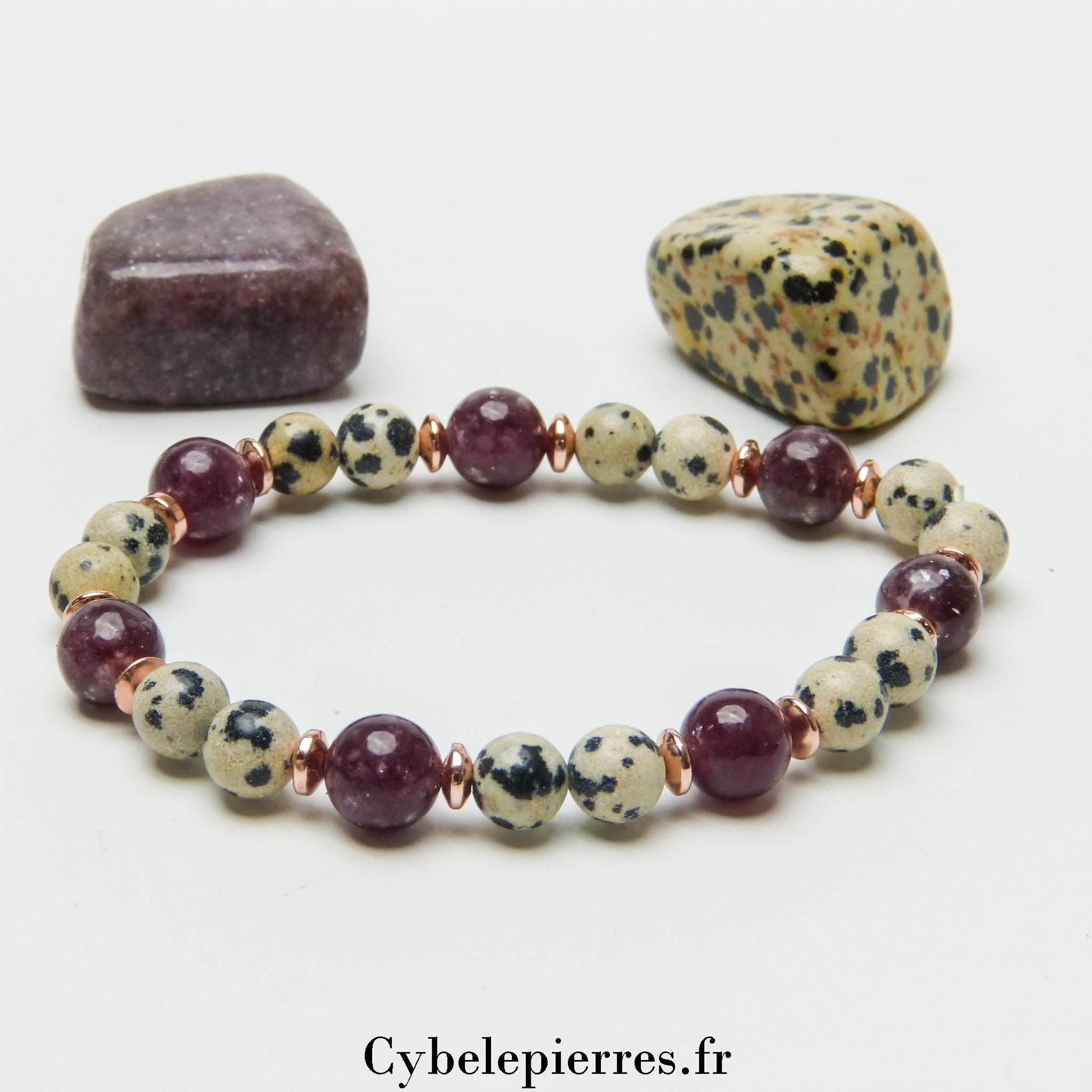 Bracelet Jaspe Dalmatien et Lépidolite (6mm et 8mm) - 18cm - Cybele Pierres