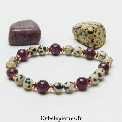 Bracelet Jaspe Dalmatien et Lépidolite (6mm et 8mm) - 18cm - Cybele Pierres