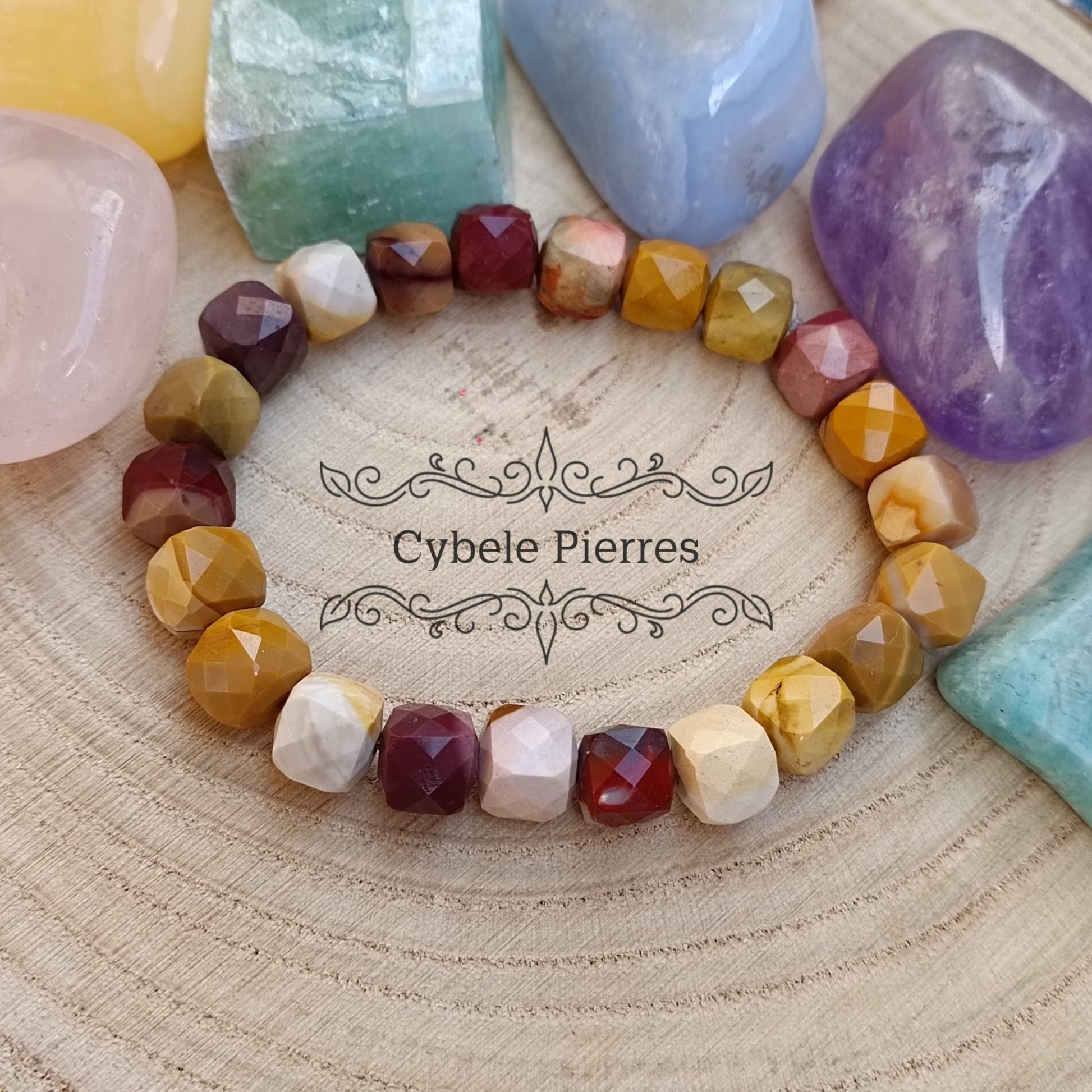 Bracelet Jaspe mookaite carrée facettée (10mm) - 18cm - Cybele Pierres