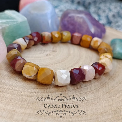 Bracelet Jaspe mookaite carrée facettée (10mm) - 18cm - Cybele Pierres