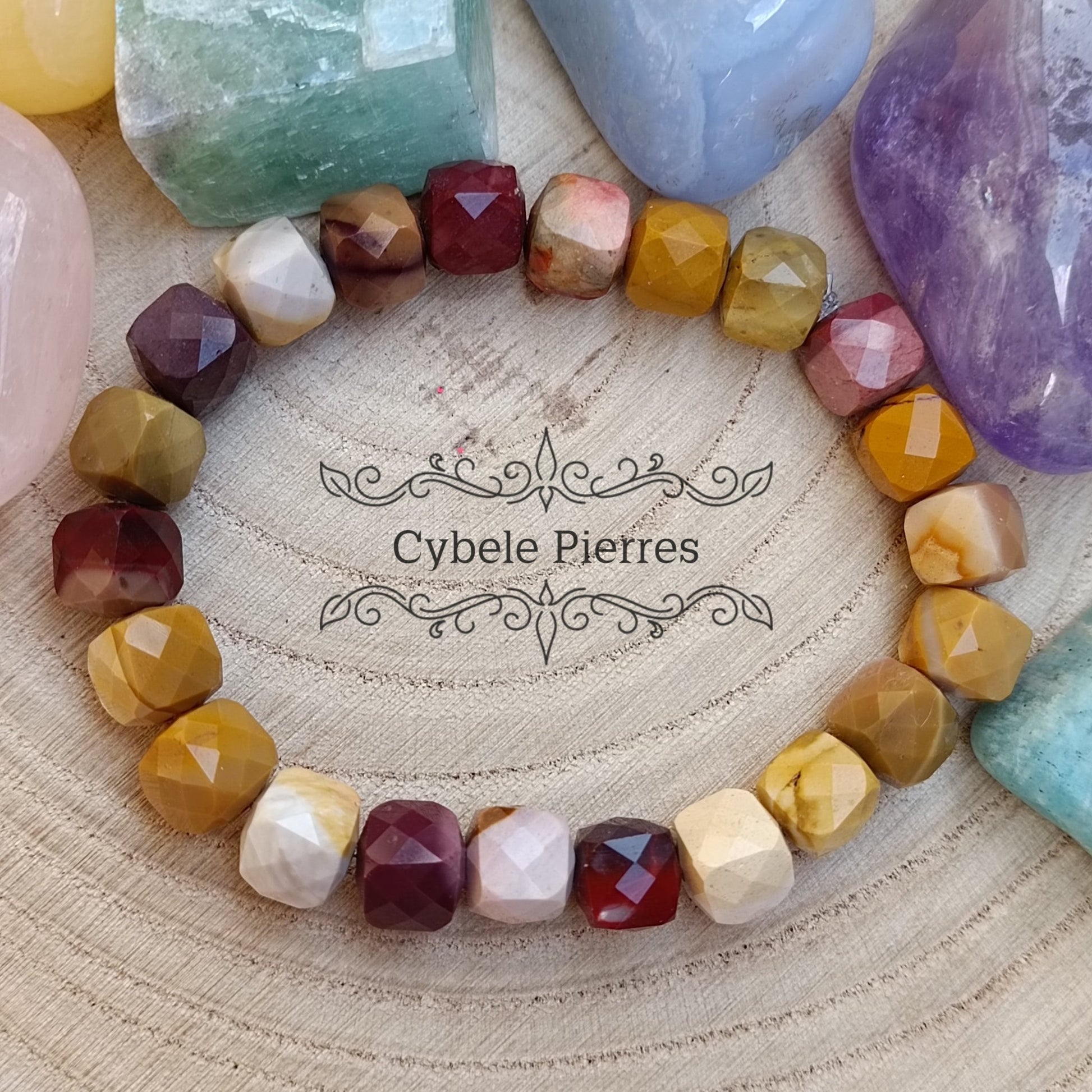 Bracelet Jaspe mookaite carrée facettée (10mm) - 18cm - Cybele Pierres