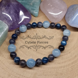 Bracelet La tête dans les nuages : Aigue - marine, Cyanite et Iolite (6mm et 8mm) - 17cm - Cybele Pierres