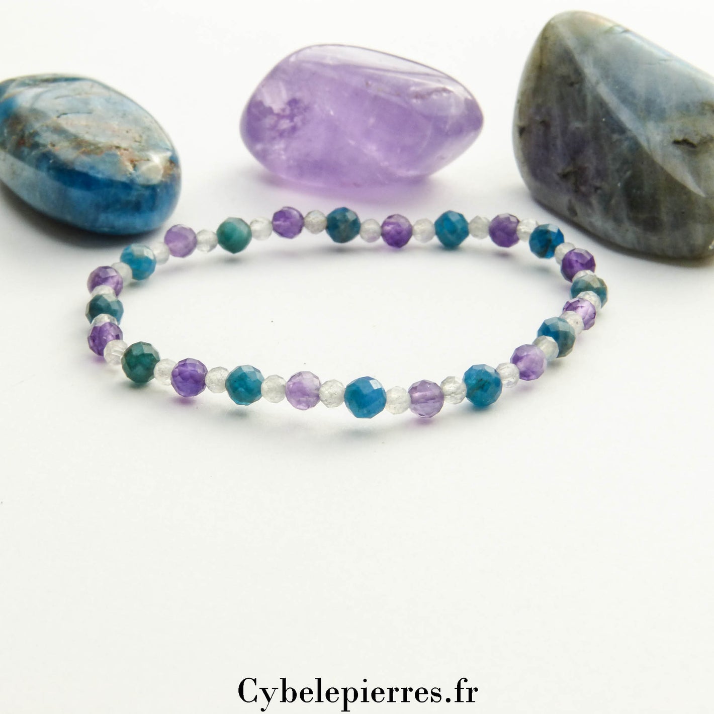 Bracelet Labradorite, Améthyste et Apatite bleue (3 et 4 mm facettées) – 17 cm | Protection et intuition