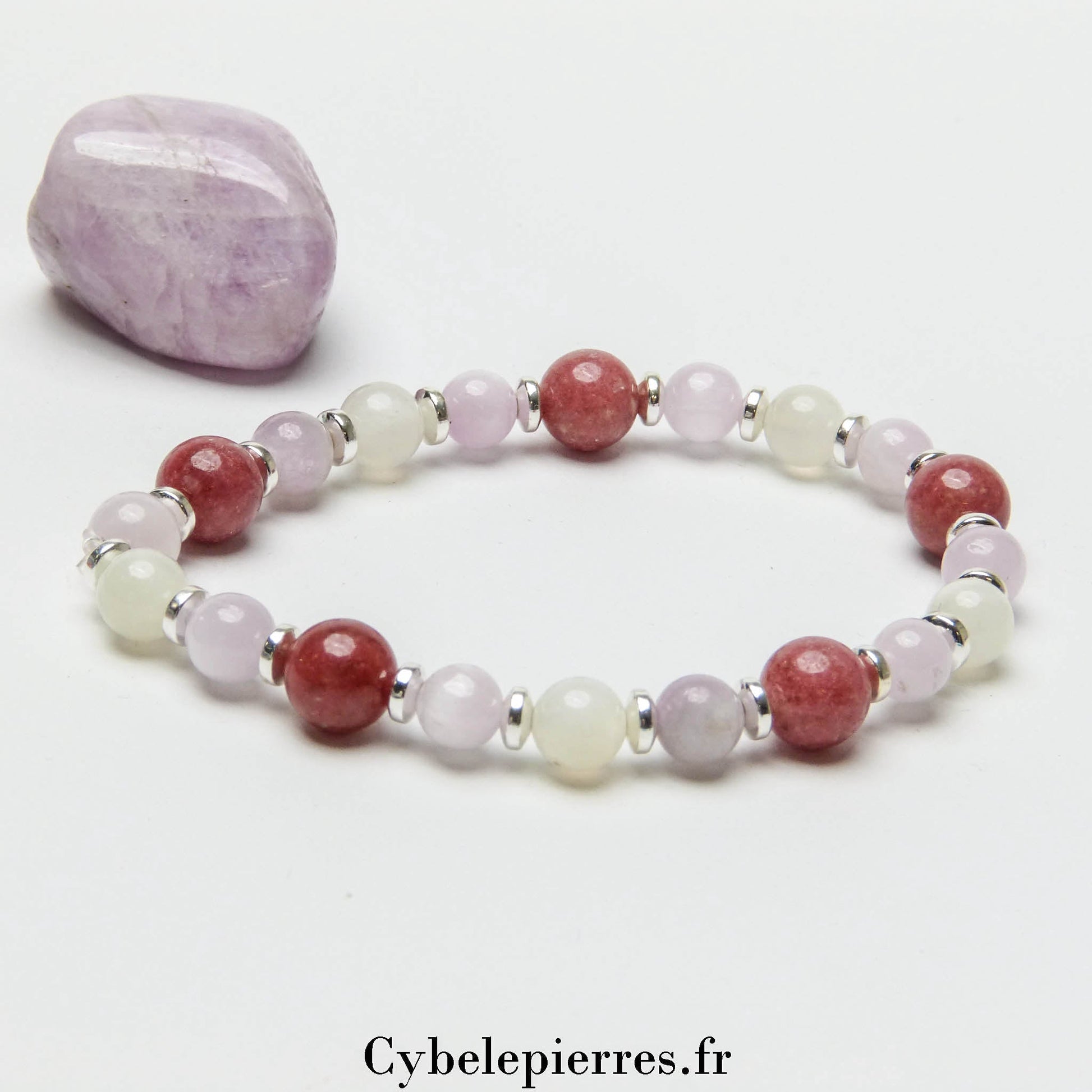 Bracelet Lady - Thulite, Kunzite et Pierre de Lune Blanche (6 et 8mm) - 18cm | Douceur et Harmonie - Cybele Pierres